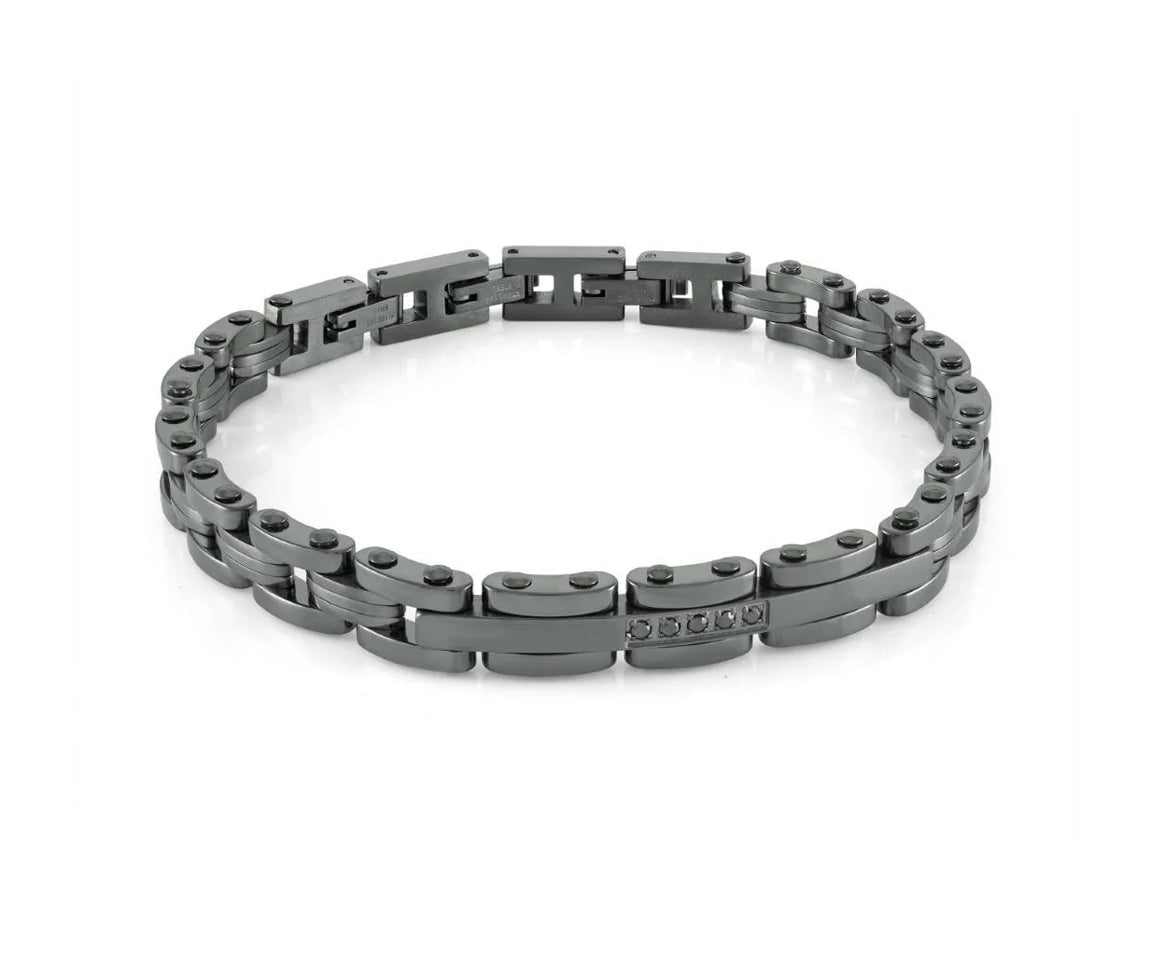 Bracelet en acier/PVD gun métal serti de cubiques zirconias noirs SMB701