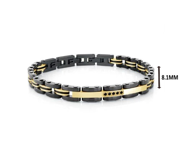 Bracelet en acier/PVD or et céramique noir serti de cubiques zirconias noirs SMB566