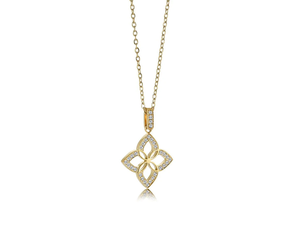 Pendentif fleur ajourée en acier ou acier/PVD or serti de cubiques zirconias SWP124GO