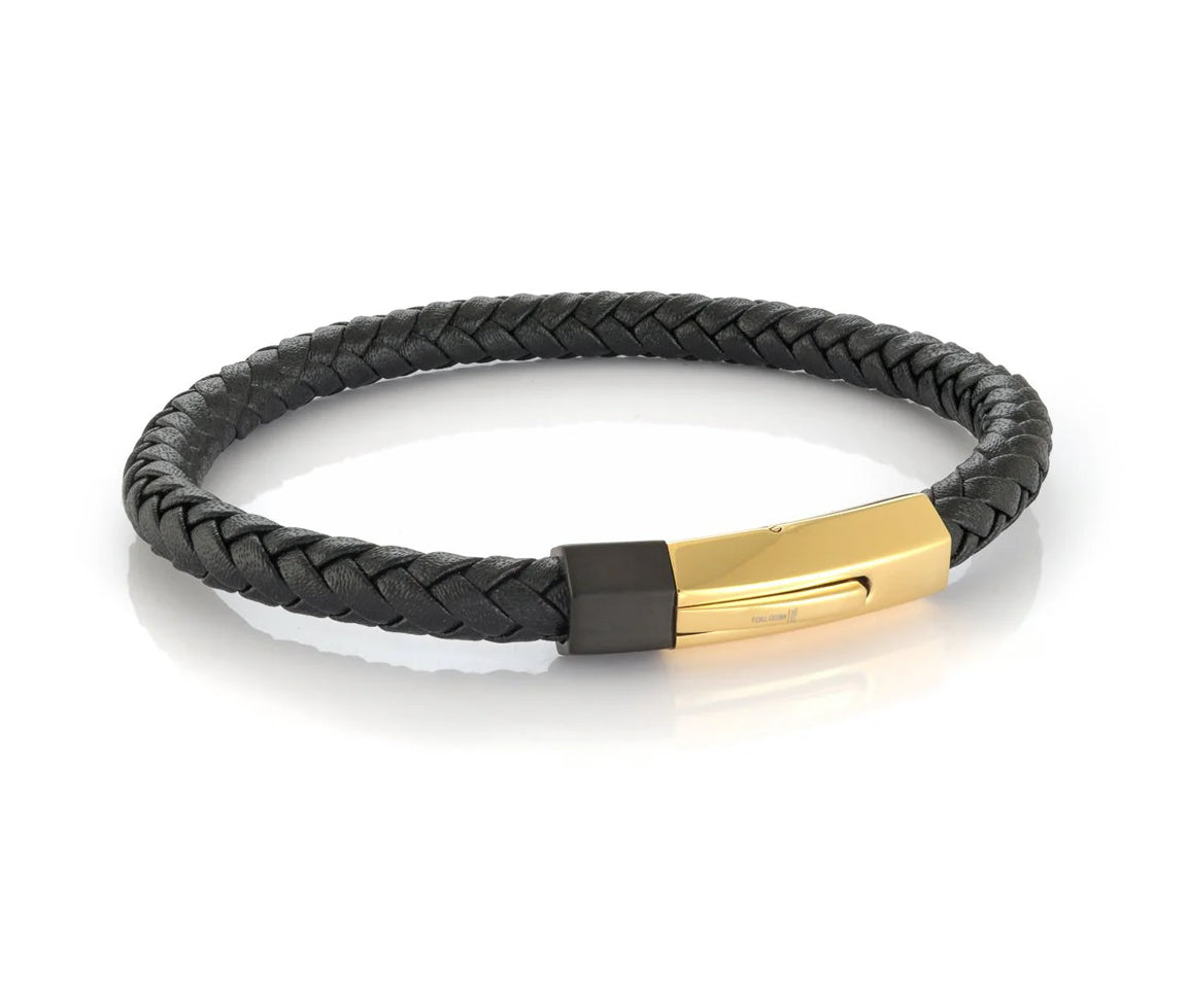 Bracelet en cuir tressé avec fermoir en acier/PVD or SLB504/7.5
