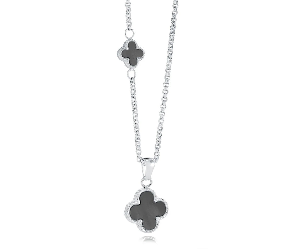 Collier en acier ou acier/PVD or serti de trèfles reversibles onyx et nacre SWP117