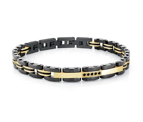 Bracelet en acier/PVD or et céramique noir serti de cubiques zirconias noirs SMB566